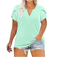 Plus Size Women Petal Short Sleeve Basic Tunic T-Shirts Summer Casual Loose Fit V Neck Solid Going Out Tee Tops