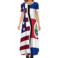 American and Costa Rica Flag Women's Summer Casual Short Sleeve Maxi Dress Crew Neck Printed Long Dresses