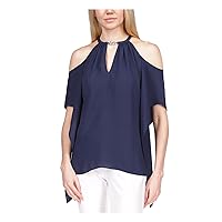 Michael Kors Womens Navy Cut Out Cold Shoulder Handkerchief Hem Elbow Sleeve Round Neck Top XL