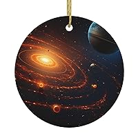 Outer Space Galaxy Solar System Print Ceramic Christmas Ornament Round Christmas Hanging Ornament with Gold Rope Christmas Pendant for Fireplace Wedding Holiday Party Xmas Decoration