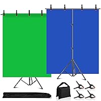 Blue Green Screen Backdrop with Stand Kit, 6.5 X 6.5Ft T-Shaped Adjustable Photo Backdrop Stand 2-in-1 Reversible Blue Greenscreen Background, 4 Clamps, Sandbag