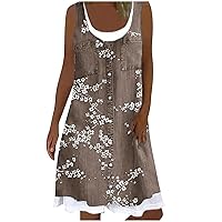 Womens Summer Floral Print Sleeveless Sundress/Short Sleeve Pockets Casual Loose Swing T-Shirt Dress