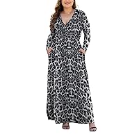 Women's L-5XL Long Sleeve V-Neck Plus Size Casual Maxi Dresses with Pockets