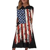 Casual Holiday Homewear Dress for Women Shift Short Sleeve Crewneck American Flag Dresses Ladies Comfortable Red M