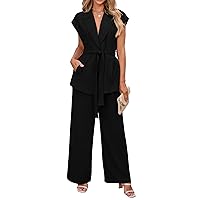 PRETTYGARDEN Women's Summer 2 Piece Outfits 2024 Cap Sleeve V Neck Blazer Vest Wide Leg Pant Sets Office Work Clothes