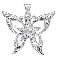 Sterling Silver Butterfly Pentacle Pendant with Natural Rainbow Moonstone