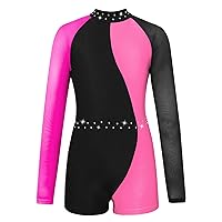 Kids Girls Mesh Splice Long Sleeve Sparkly Sequins Dance Leotards Gymnastic Bodysuit Jumpsuit Ballroom Dancewear