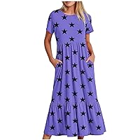 Women's Summer Casual Dresses Short Sleeve Crewneck Stars Print Swing Dress Flowy Tiered Maxi Beach Dress with Pockets