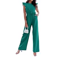 BTFBM Women Jumpsuits Crew Neck Ruffle Cap Sleeve Belted High Waist Wide Leg Romper with Pockets One Piece Casual Outfits