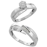 Genuine 10k White Gold Diamond Trio Wedding Sets for Him and Her Bypass Grooves 3-piece 7mm & 6mm wide 0.10 cttw Brilliant Cut sizes 5-14