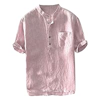 Men's Pinstriped Linen Hippie Henley Shirts Button Up Short Sleeve Cotton Casual Tops Breathable Band Collar Beach T-Shirts