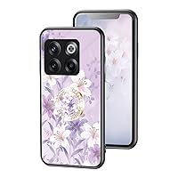 for One Plus 10T 10 Pro ACE Pro 5G Glossy Slim Bumper, Exquisite Flowers Tempered Glass Phone case with Bling Rhinestones Finger Ring Holder for Women Girls(Purple,10T)