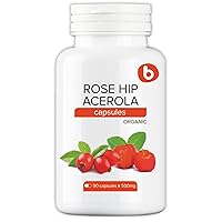 b Organic Rose HIPS & Acerola Vitamin C Organic Capsules, Natural Plant Based Vitamin C Without Ascorbic Acid, Vitamin C 1000mg, for Immune and Collagen Support (90 Capsules)
