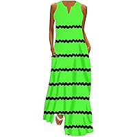 Women's Summer Sleeveless Striped Flowy Casual Long Maxi Dress Bohemian Loose Sundress Swing Beach Dress with Pockets