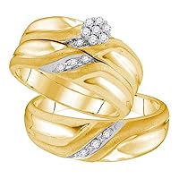 TheDiamondDeal Yellow-tone Sterling Silver His Hers Round Diamond Cluster Matching Bridal Wedding Ring Band Set 1/5 Cttw