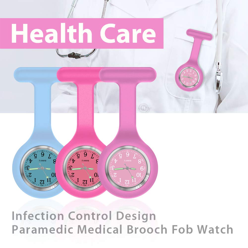 SibyTech Nurse Watch Brooch, Silicone with Pin/Clip, Glow in Dark Design, Health Care Nurse Doctor Paramedic Medical Brooch Fob Watch Pink
