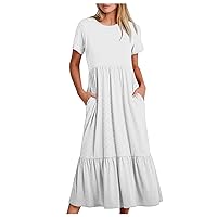 Womens Eyelet Maxi Dress Summer with Pockets Short Sleeve Crewneck Long Dresses Trendy Elegant Dressy Long Dress