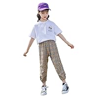 Girls Cartoon Pullover Activewear Sportsuit Printed Shirt Top + Checkered Ninth Pants
