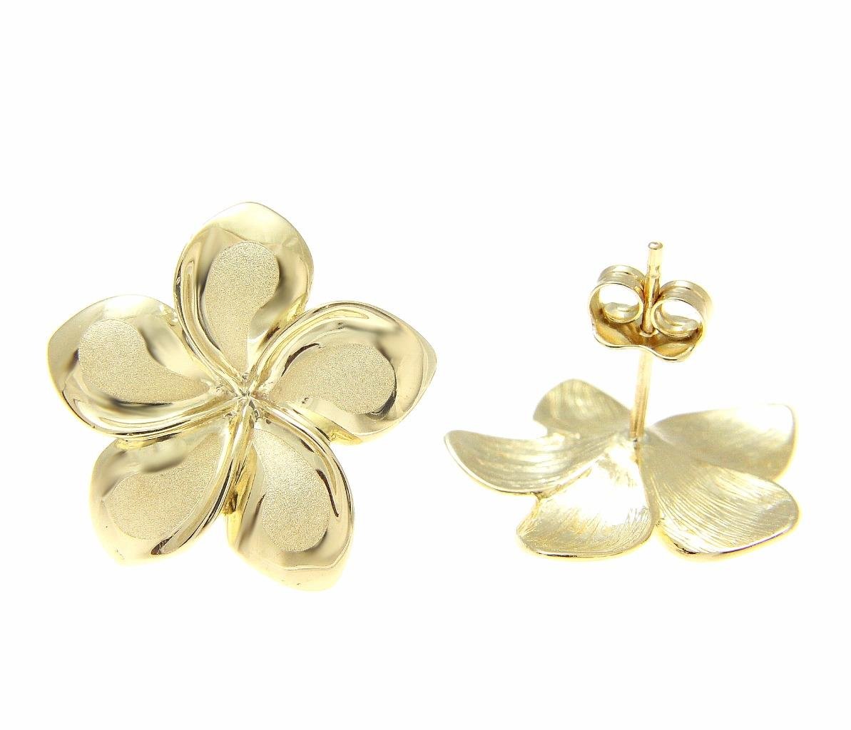 14K yellow gold Hawaiian 19.50mm plumeria flower stud post earrings