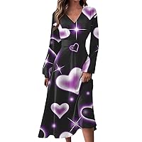 Women's Valentines Dress Spring and Autumn Casual Fashion V-Neck Long Sleeve Valentine's Day Printed Dresses, S-2XL