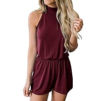 MEROKEETY Women's Summer Halter Neck Elastic Waist Solid Color Shorts Jumpsuit Rompers with Pockets