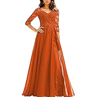 Sequins Lace Mother of The Bride Dresses with Sleeve V-Neck Pleated Long Chiffon Formal Dress with Applique
