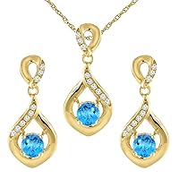 Sabrina Silver 14K Yellow Gold Natural Swiss Blue Topaz Earrings and Pendant Set with Diamond Accents Round 4 mm