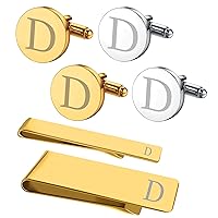BodyJ4You 6PC Cufflinks Tie Bar Money Clip - Initial D Engraving Alphabet Letter - Mirror Polished Goldtone Steel Jewelry Set - Men's Cuff Links Shirt Formal Suit - Fathers Day Wedding Groom