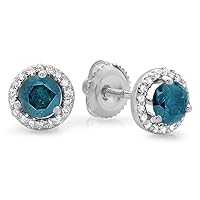 1.00 Carat (ctw) 14K White Gold Round Blue & White Diamond Ladies Halo Style Stud Earrings 1 CT