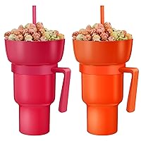 2 Pcs Stadium Tumbler with Snack Bowl 32 oz 2 in 1 Travel Cup with Snack Bowl Leak Proof Snack and Drink Cup Portable Reusable Snack Tumbler Cup with Bowl on Top and Straw (Rose Red,Orange)
