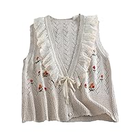 Style Embroidered Sweater Vest Japanese Sweet Sleeveless Knitted Coats Neck Lace-Up Loose Waistcoat