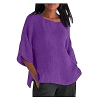 Plus Size Cotton Linen Tops for Womens 3/4 Sleeve Drop Shoulder Oversized Blouses Summer Boat Neck Casual Side Split Shirts