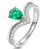 Elegant 14K White Gold Natural 0.51ct Pear Emerald Gemstone 0.266ct Full Cut Diamond Wedding Engagement Ring Set for Women