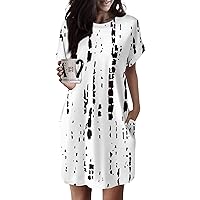 Cotton Dresses for Women Casual Summer, 2024 Midi Dress with Pockets Boho Crew Neck Smocked Tiered Beach Vacation Dress Womens Summer Casual Maxi Dress Sleeves Dresses Short (3XL, Light Gray)