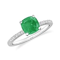 Natural Emerald Cushion Solitaire Ring for Women Girls in Sterling Silver / 14K Solid Gold/Platinum