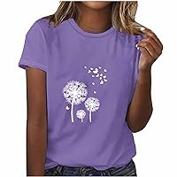 Cute Dandelion Graphic Tees for Women Casual Summer Tops Trendy Floral Print Tunic Blouses Crewneck Basic Tshirts