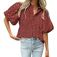 Summer Eyelet Tops for Women Embroidered Button Down Shirt Hollow Out Half Puff Sleeve Blouse