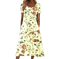Maxi Dress Long Sleeve Flowy,Women Summer Short Sleeve Floral Print Crew Neck Maxi Slim Dress Light Womens Dres