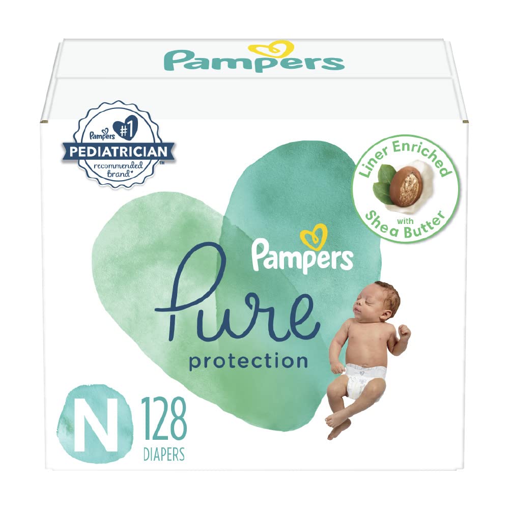 Diapers Size 0, 128 Count - Pampers Pure Protection Disposable Baby Diapers, Hypoallergenic and Unscented Protection, Enormous Pack (Packaging & Prints May Vary)