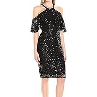 Marina Women's Floral Sequin Lace Ruffle Front Cold Shoulder