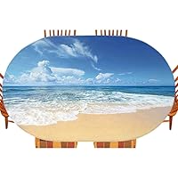 Ocean Oval Elastic Fitted Tablecloth, Waves and Beach with Sky Sun Endless Summer Sea Coast View Tropic Print, for Kitchen Dinning Tabletop Decoration Outdoor Picnic, Fits 42