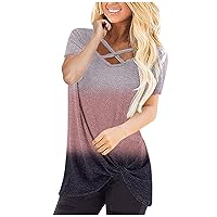 YZHM Womens Shirts Short Sleeve Tunic Tops V Neck Casual Summer Tops Twist Front Tshirts Loose Fit Tees Ombre Soft T Shirts