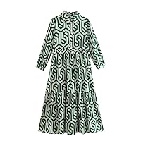 Women Vintage Geometric Print Pleats Casual Slim Midi Shirt Dress Female Chic Pleats Ruffles A Line Vestido