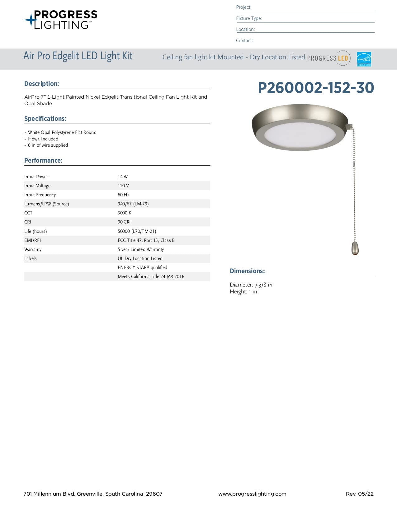 Progress Lighting P260002-152-30 AirPro 1-Light Transitional Integrated LED Edgelit Ceiling Fan Light Kit Painted Nickel with Opal Shade