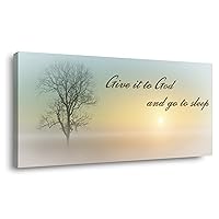 Lasdel Canvas Wall Art of Misty Sunset & Tree Plant Picture For Bedroom Home Above Bed, White Country Wood Sign For Bathroom, Give It To God & Go to Sleep Artwork Decor, Inner Frame 20x40 Inches