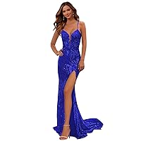 Royal Blue Mermaid Prom Dresses Long for Women Spaghetti Straps V-Neck Sequin Ball Gowns with Slit Size 2