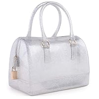 Ladies Summer Jelly Pillow-shaped Top Handle Handbag Candy Color Transparent Crystal Purse (Glitter Silver)
