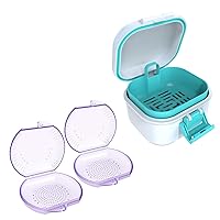 ARGOMAX Leak Proof Denture Bath Cup, Portable Soaking Denture Box, Denture Bath Case with Strainer, for Dentures and Braces (White + Cyan).