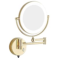 Wall Mounted Lighted Makeup Vanity Mirror 8 Inch Double Sided 1X/7X Magnifying Shaving Mirror, Extended Arm 360° Rotation Bathroom Makeup Light up Mirror, Gold Finish