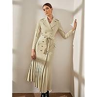 Jackets for Women Jackets - Cut Out Back Double Breasted Pleated Hem Belted Trench Coat (Color : Beige, Size : Small)